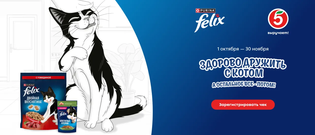 Акция Felix и Пятерочка Здорово дружить с котом, а остальное все потом! — промо-акция Felix, регистрация до 30.11.2026